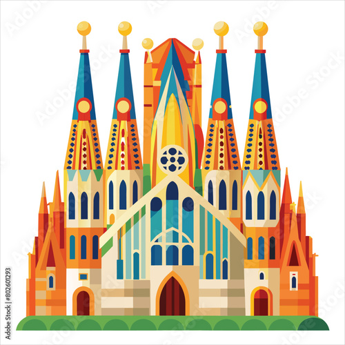 colorful flat illustration of iconic landmark, sagrada familia