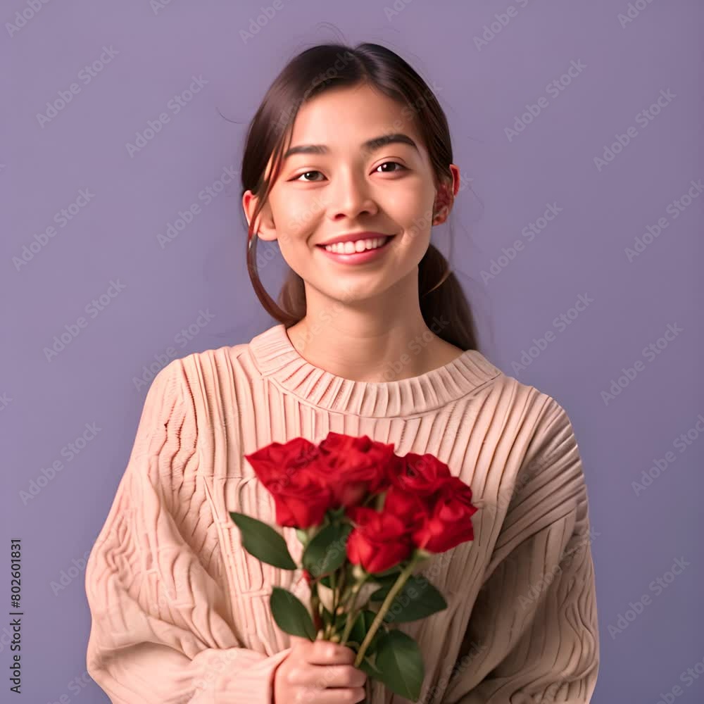 Portrait of a happy young Asian woman with red roses in hand. Generate AI image Portrait of a happy young Asian woman with red roses in hand. Generate AI image