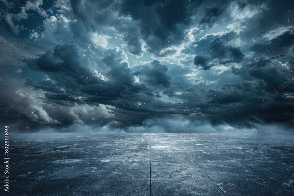 Dark Concrete Floor Background with Scenic Night Sky Horizon and Dramatic Clouds - generative ai Dark Concrete Floor Background with Scenic Night Sky Horizon and Dramatic Clouds - generative ai