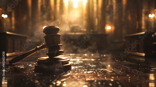 A gavel in a courtroom, symbolizing the essence of law and authority  photo