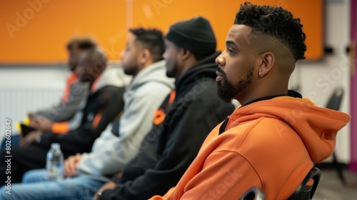 A mental health workshop where men are learning about the importance of mental wellbeing and how it relates to their overall fitness and wellness journey.