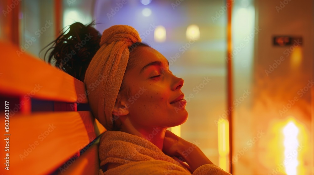 A woman with a peaceful expression on her face enjoying the warmth of the sauna.. A woman with a peaceful expression on her face enjoying the warmth of the sauna..
