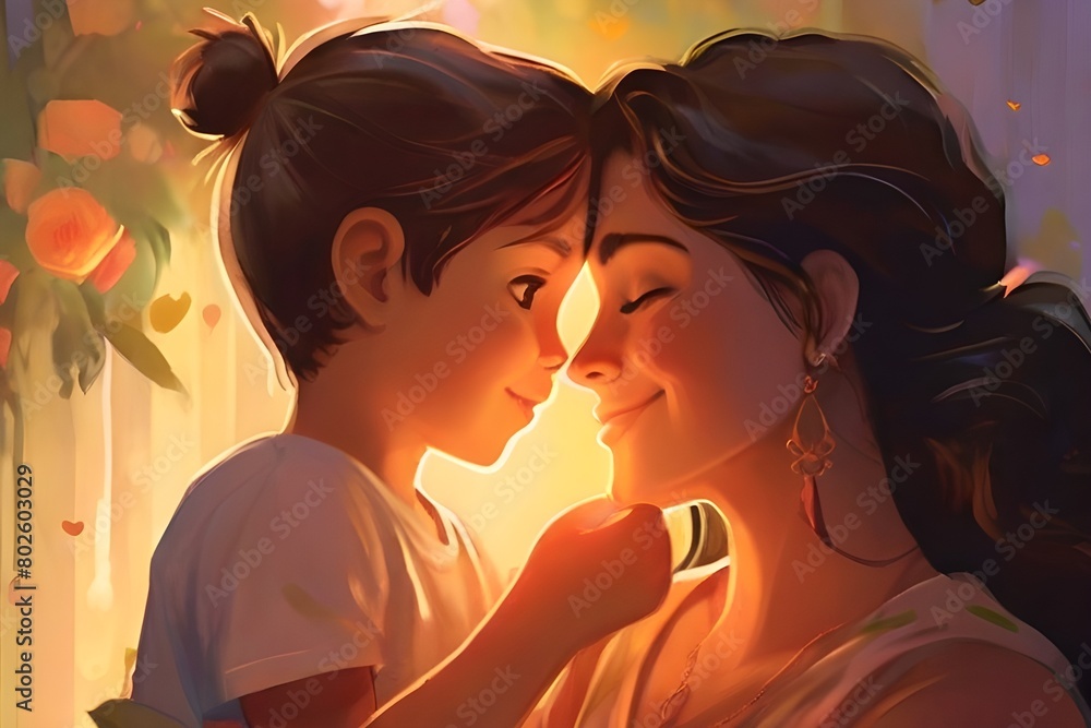 a beautiful young mother holding her little kid Illustration , mothers day a beautiful young mother holding her little kid Illustration , mothers day