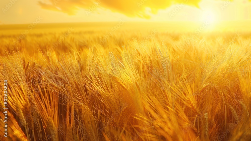 Obraz premium A vibrant yellow sky serves as the backdrop to a field of barley.