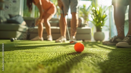 The living room is transformed into a minigolf course with family members taking turns trying to get a holeinone and earn the top spot in the game night Olympics. photo