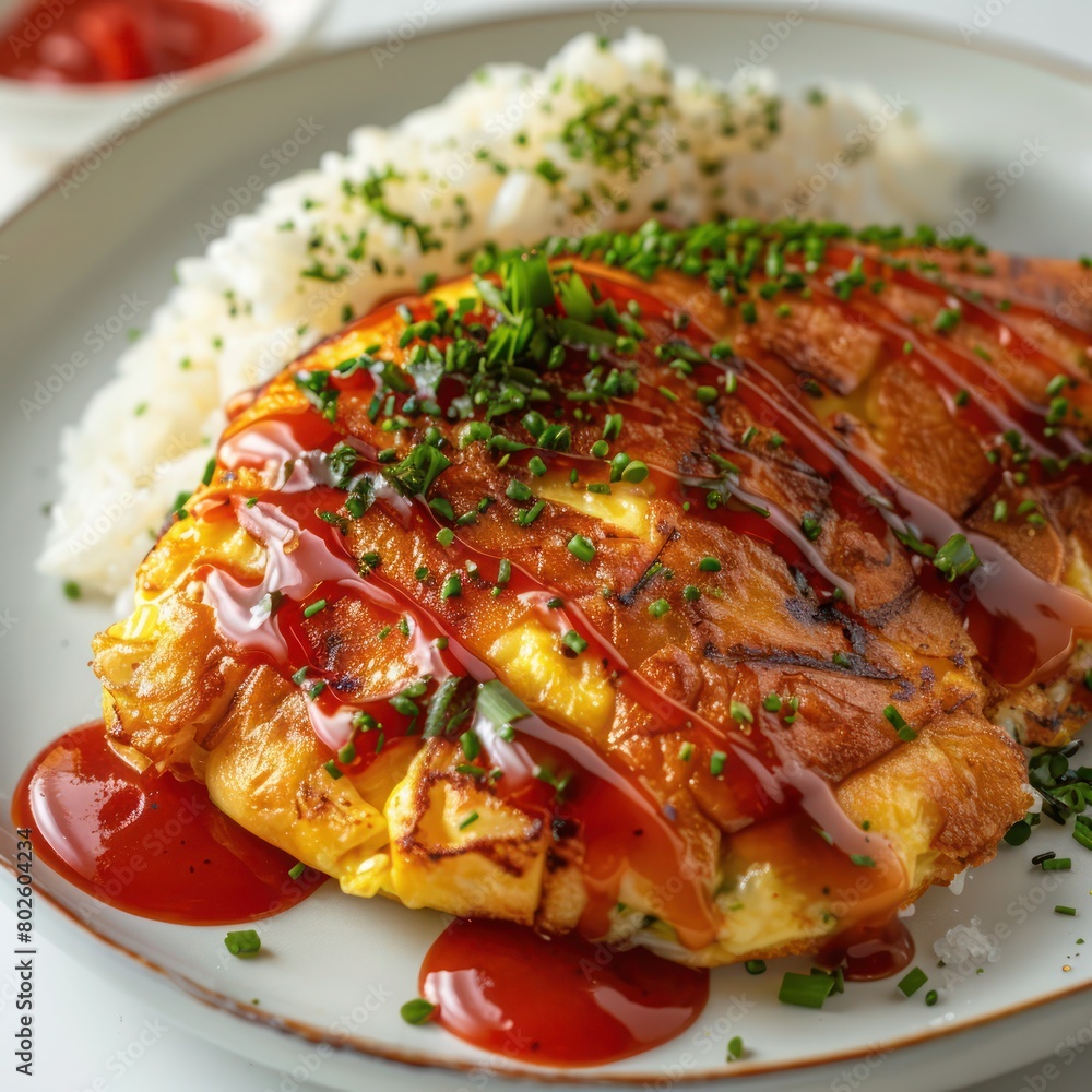 omuri, a japanese fried egg rice served with ketchup and garnished with chopped herbs omuri, a japanese fried egg rice served with ketchup and garnished with chopped herbs