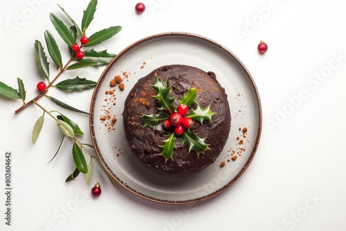 Figgy Pudding Garnished with Holly Christmas or New Year. 
Festive chocolate cake decorated with holly berries on a plate with Christmas decorations photo