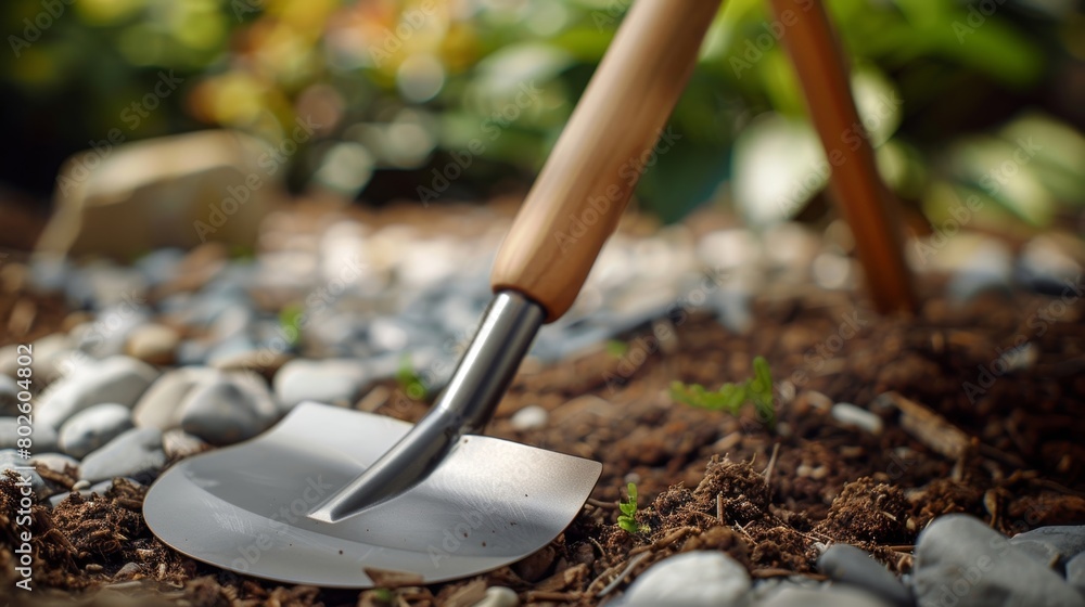 Closeup of a sy yet stylish garden spade with a comfortable ergonomic handle making digging and planting a breeze. Closeup of a sy yet stylish garden spade with a comfortable ergonomic handle making digging and planting a breeze.