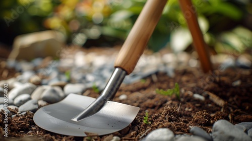 Closeup of a sy yet stylish garden spade with a comfortable ergonomic handle making digging and planting a breeze.