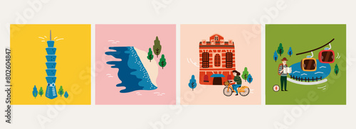 Hand drawn style Taiwan landmark illustration collection. photo