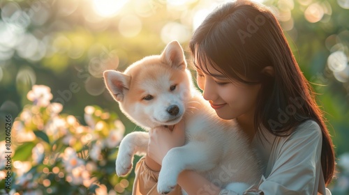 women playing with Shiba Inu white puppy in the garden photo