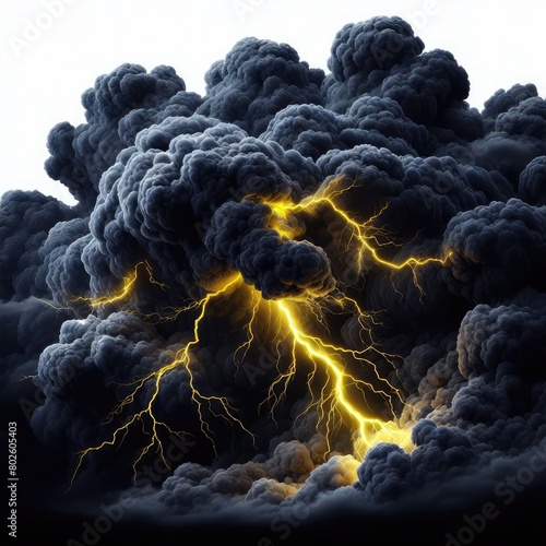 Black clouds storm with lightning strike and thunder isolated on a white background