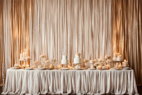 A long table with a white tablecloth and a long white curtain behind it