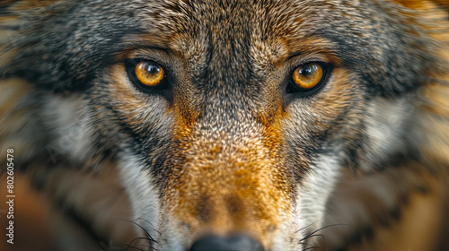 A macro portrait of an wolf that captures amazing eye detail. The entire head is visible. © Dmitriy