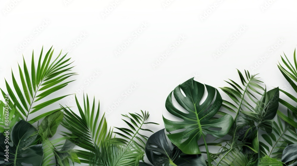Minimalist design of fresh tropical foliage on a clean white backdrop, perfect for wellness and spa marketing materials, Minimalist design of fresh tropical foliage on a clean white backdrop, perfect for wellness and spa marketing materials,