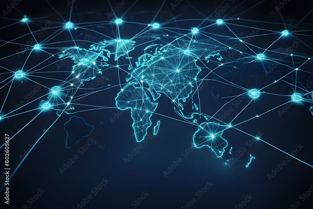 A blue and white image of the world with many lines connecting it A blue and white image of the world with many lines connecting it