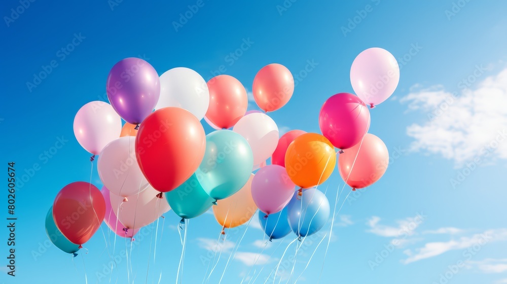 A colorful array of helium balloons floating against a bright blue sky, ideal for festive occasions,