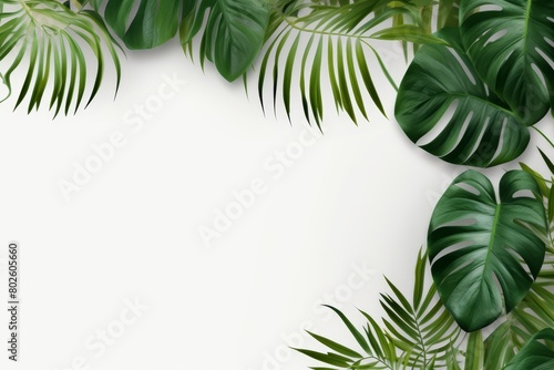 Minimalist tropical leaf display on a white canvas, offering ample space for text and suitable for eco-friendly branding,
