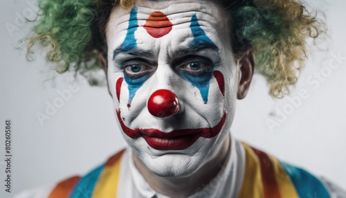 adult clown with tears flowing and sad facial expression, isolated white background. 