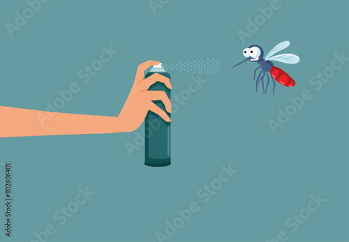 Hand with Bottle of Insect Repellent Spray Vector Cartoon illustration. Person using an anti-mosquito product for self defense during summer
 photo