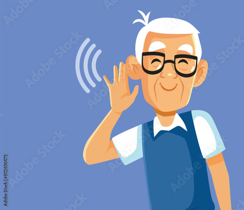 Elderly Man Using Hearing Aid Vector Medical illustration. Grandpa with good hearing having no problems with aging 
