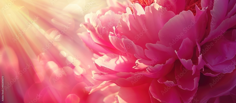 Top-down perspective of a vibrant pink peony flower against a backdrop of sunny rays, with space for text duplication.