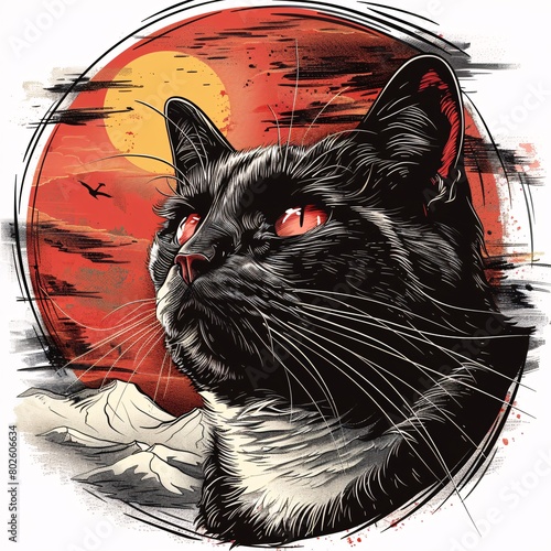 Decorative romantic portrait of a cat in a circular background against white background . t-shirt design illustration. ai generative