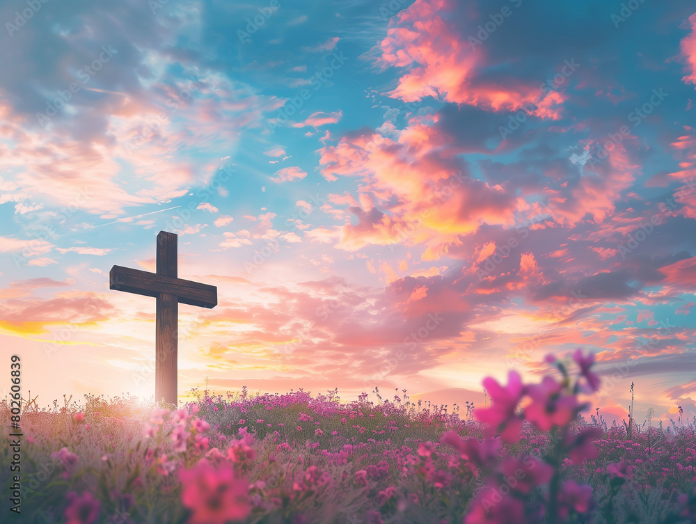 Wooden cross on a blue sky with clouds and sun rays in the background Wooden cross on a blue sky with clouds and sun rays in the background