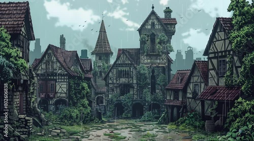 Medieval Village in Overcast: The medieval village stands stoically under the veil of an overcast sky, its quaint houses Seamless looping 4k time-lapse virtual video animation background. Generated AI photo