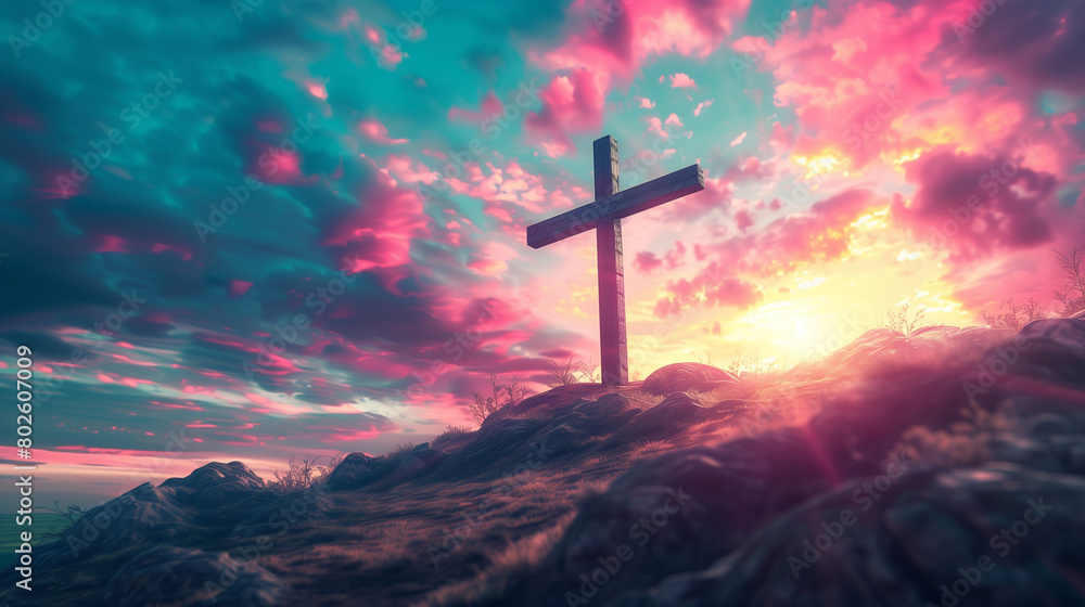 Wooden cross on a blue sky with clouds and sun rays in the background