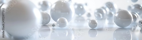 3D rendering of a bunch of glossy white spheres of different sizes on a reflective white surface.