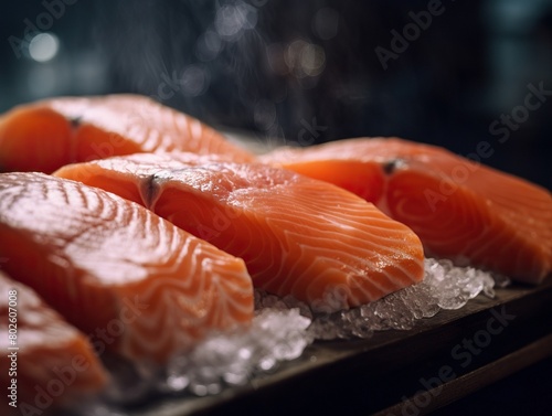 Fresh raw Salmon steaks on ice on shelf or stall in local seafood market or restaurant. Steaks from wild fish, caught in ocean or sea. Pieces of salmon or pink salmon or chum salmon or nelma or nerka photo