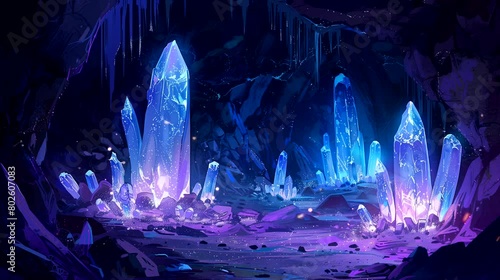 Ethereal cave adorned with luminescent crystals. Fantasy landscape anime or cartoon style, looping 4k video animation background