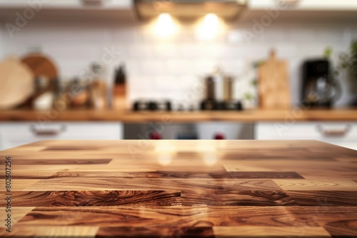 Wood table top on blurred kitchen background - generative ai