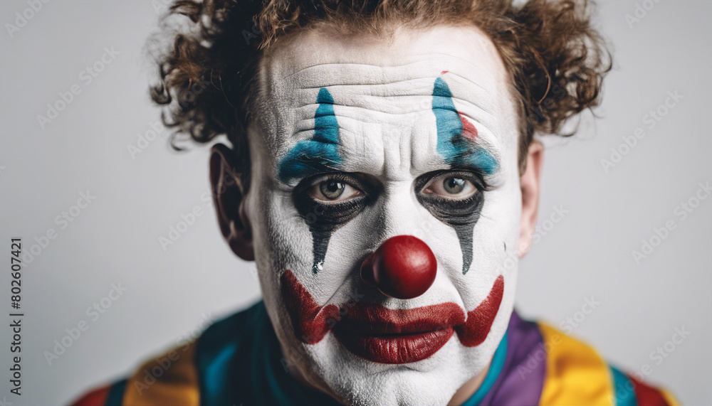 adult clown with tears flowing and sad facial expression, isolated white background.
adult clown with tears flowing and sad facial expression, isolated white background.