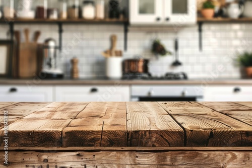 Wood table top on blurred kitchen background - generative ai