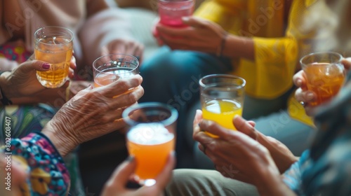 A group of people sitting in a circle each holding a glass of juice and engaging in lively conversation.