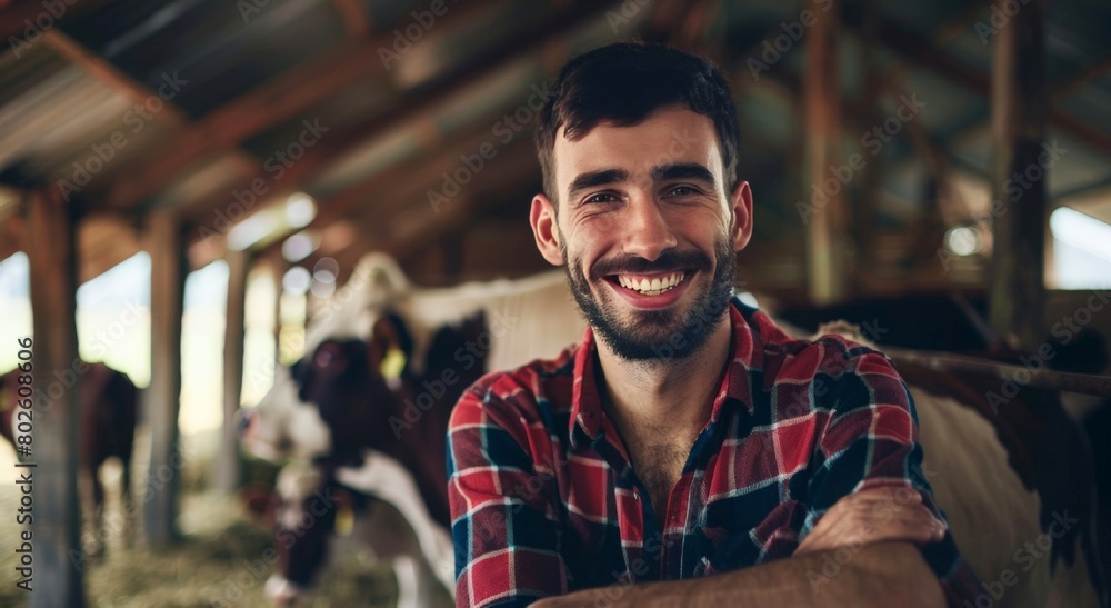 A smiling male farmer on the background of a cowshed. The concept of farming and animal husbandry. Eat local. A smiling male farmer on the background of a cowshed. The concept of farming and animal husbandry. Eat local.