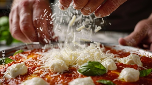 A closeup of hands sprinkling freshly grated mozzarella cheese on top of the sauce the cheese beginning to melt in the heat.