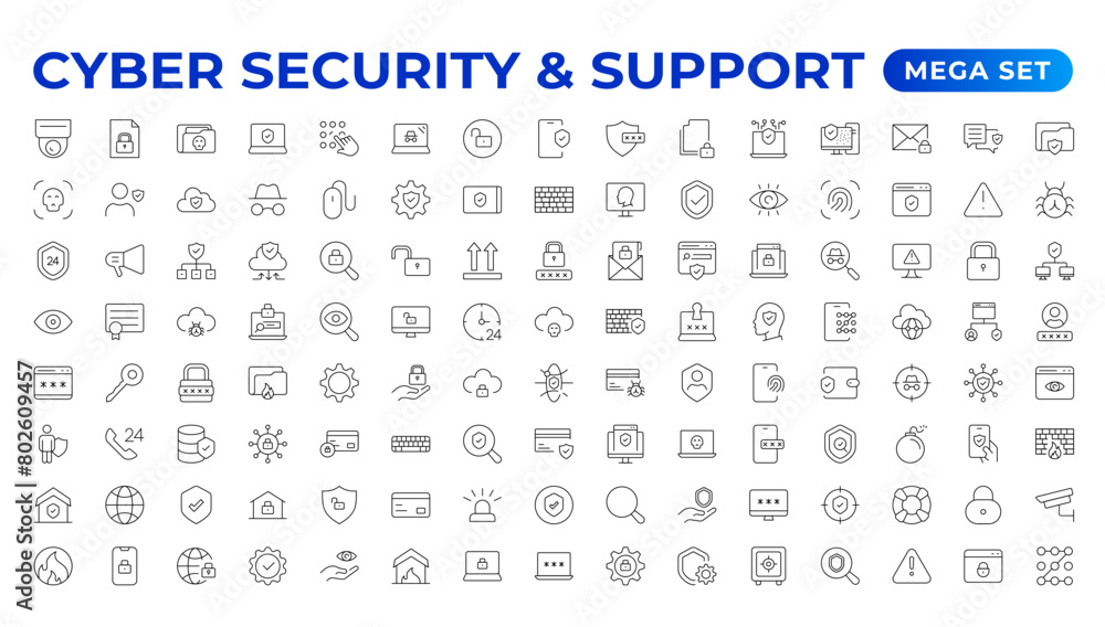 Cyber security and support icon set. Data protection symbol. Secured network collection. Technology concept. Vector illustration. Customer Service and Support - Outline Icon Collection. Cyber security and support icon set. Data protection symbol. Secured network collection. Technology concept. Vector illustration. Customer Service and Support - Outline Icon Collection.