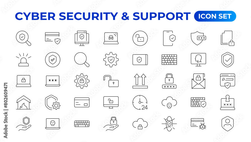 Cyber security and support icon set. Data protection symbol. Secured network collection. Technology concept. Vector illustration. Customer Service and Support - Outline Icon Collection.