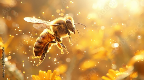 A careful observation of a honeybee on golden honey, capturing the delicate balance of ecosystems, abstract, AI Generative