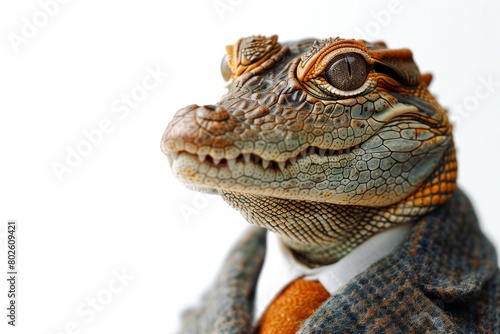 A Dwarf Crocodilein a sharp business suit  poised and dignified  isolated against a stark white background  AI Generative