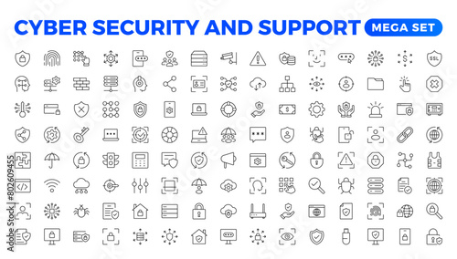 Cyber security and support icon set. Data protection symbol. Secured network collection. Technology concept. Vector illustration. Customer Service and Support - Outline Icon Collection.