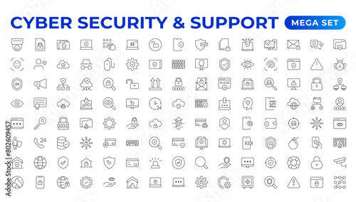 Cyber security and support icon set. Data protection symbol. Secured network collection. Technology concept. Vector illustration. Customer Service and Support - Outline Icon Collection.