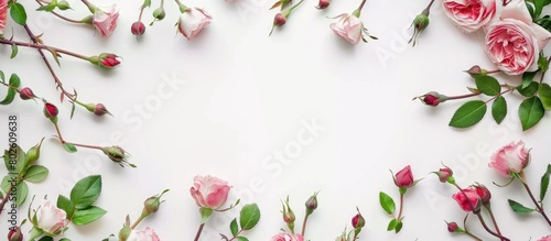 Round frame adorned with roses, pink flower buds, branches, and leaves on a white background, captured in a flat lay style from a top view perspective. © Vusal