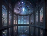 RPGファンタジーゲーム背景星屑の世界をイメージした異世界ステンドグラスのあるダンスホール