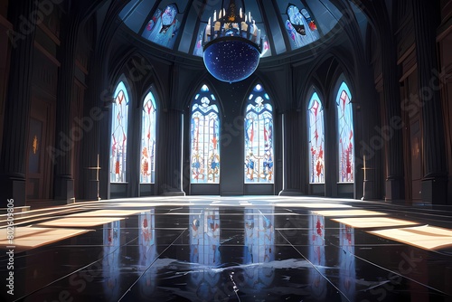 RPGファンタジーゲーム背景星屑の世界をイメージした異世界ステンドグラスのあるダンスホール