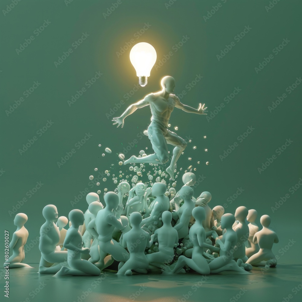 Obraz premium Create a 3D rendering of an individual radiating light, airborne in a jump, AI Generative