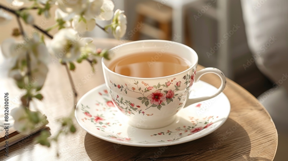 A teacup and saucer adorned with delicate floral patterns adds to the elegance of the experience of sipping on a cup of exquisite herbal tea. A teacup and saucer adorned with delicate floral patterns adds to the elegance of the experience of sipping on a cup of exquisite herbal tea.